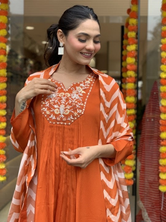 Orange Anarkali Kurta And Pant Set With Dupatta