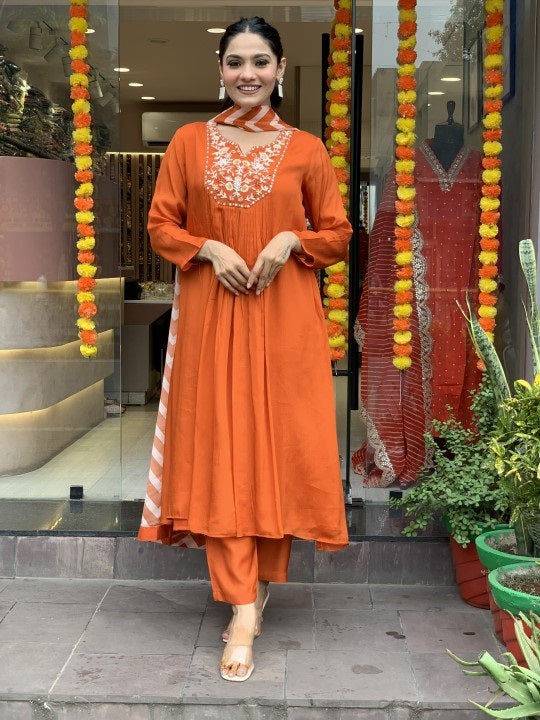 Orange Anarkali Kurta And Pant Set With Dupatta