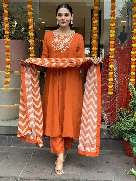 Orange Anarkali Kurta And Pant Set With Dupatta