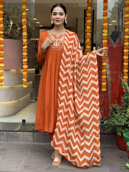 Orange Anarkali Kurta And Pant Set With Dupatta