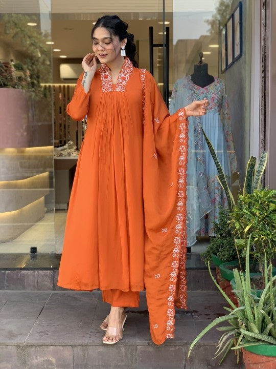 Orange Anarkali Kurta And Pant Set With Dupatta