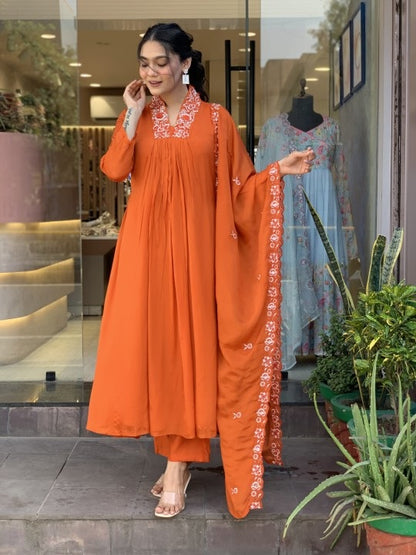 Orange Anarkali Kurta And Pant Set With Dupatta