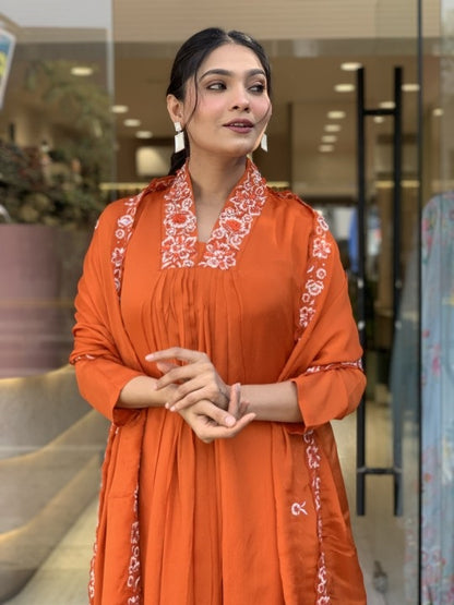 Orange Anarkali Kurta And Pant Set With Dupatta