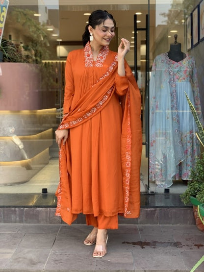 Orange Anarkali Kurta And Pant Set With Dupatta