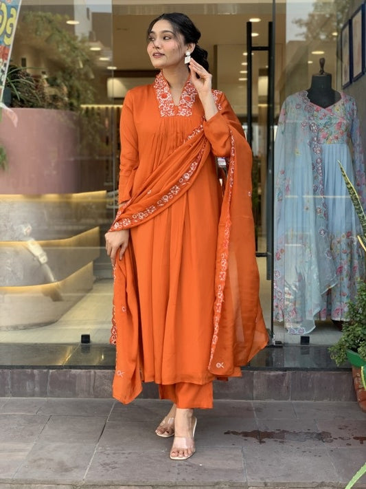 Orange Anarkali Kurta And Pant Set With Dupatta