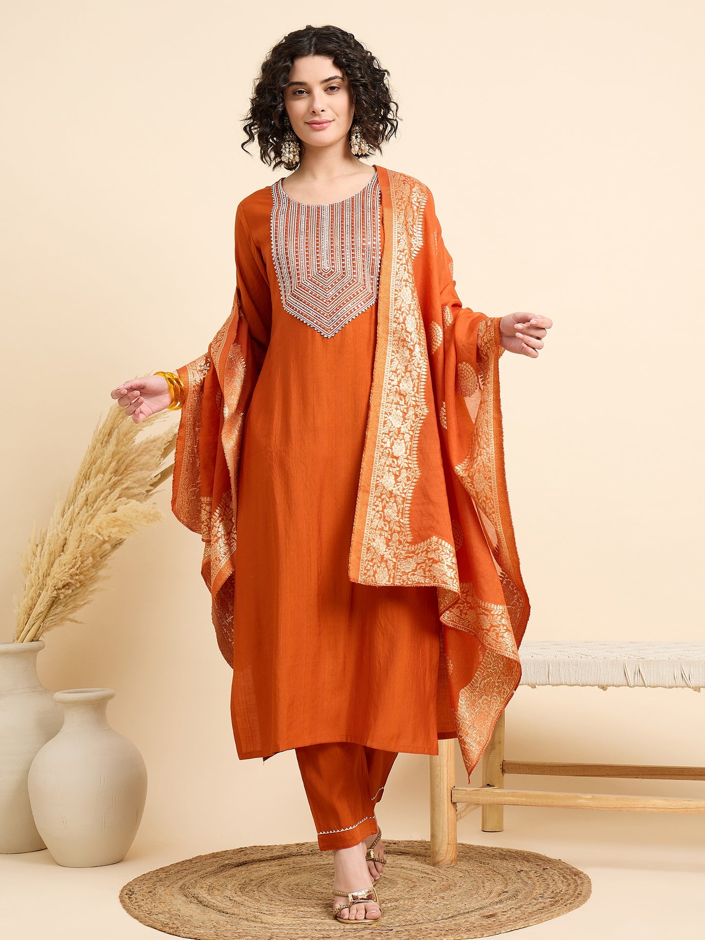 Embroidered Straight Orange Kurta And Pant set with Dupatta