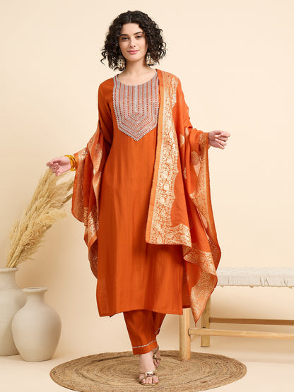 Embroidered Straight Orange Kurta And Pant set with Dupatta