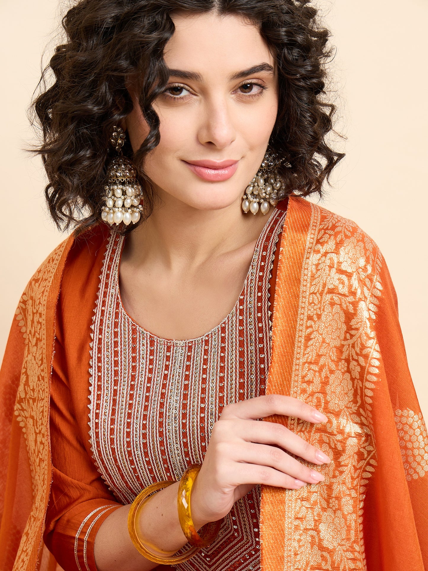 Embroidered Straight Orange Kurta And Pant set with Dupatta