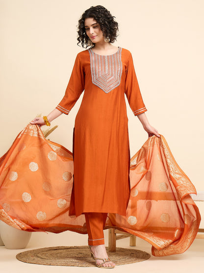 Embroidered Straight Orange Kurta And Pant set with Dupatta