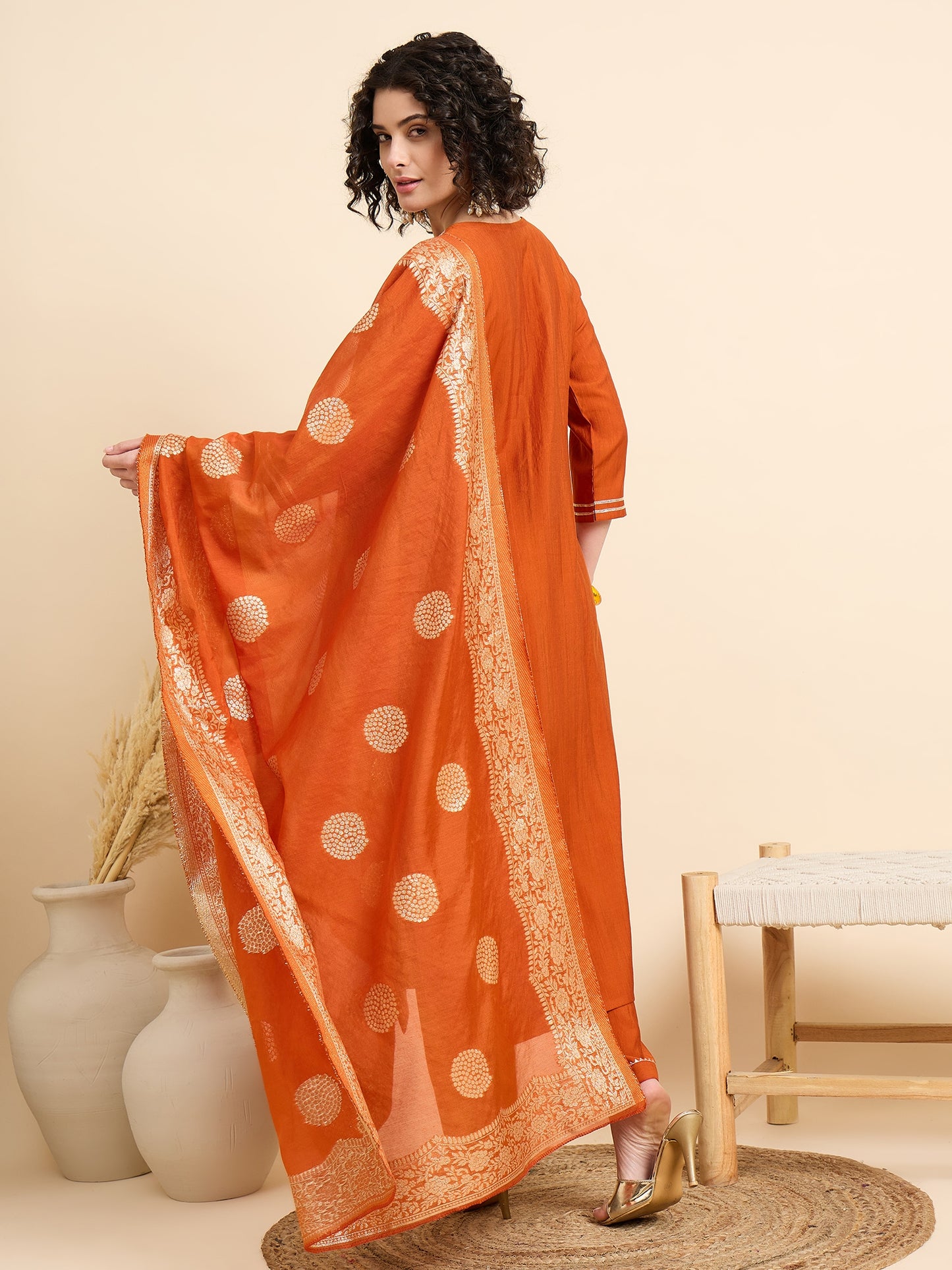 Embroidered Straight Orange Kurta And Pant set with Dupatta