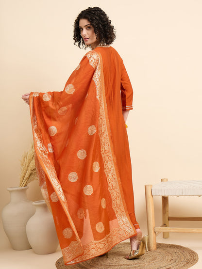 Embroidered Straight Orange Kurta And Pant set with Dupatta