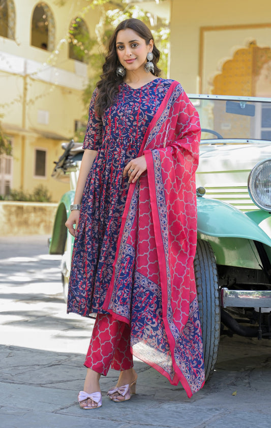 Navy Blue Anarkali Kurta And Pant Set With Dupatta