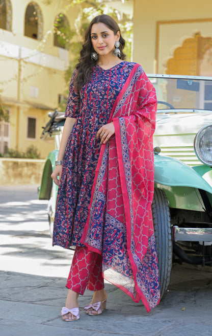 Navy Blue Anarkali Kurta And Pant Set With Dupatta