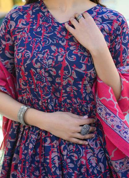 Navy Blue Anarkali Kurta And Pant Set With Dupatta