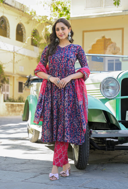 Navy Blue Anarkali Kurta And Pant Set With Dupatta