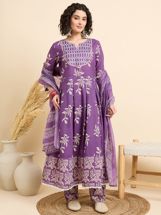 Purple Anarkali Kurta And Pant Set With Dupatta
