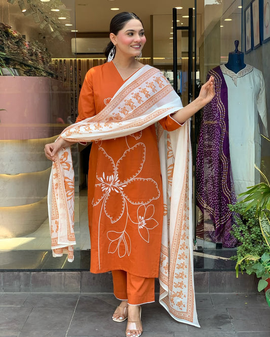 Silk Embroidery Kurta and pant Set with Dupatta