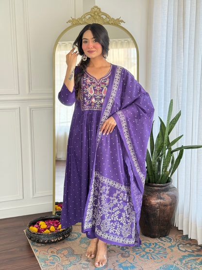 Purple Anarkali Kurta And Pant Set With Dupatta