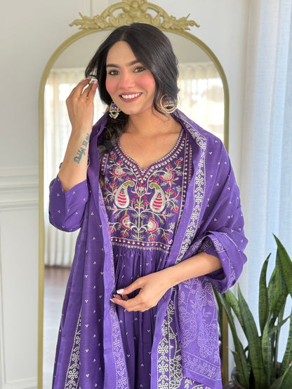 Purple Anarkali Kurta And Pant Set With Dupatta