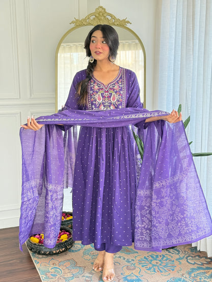 Purple Anarkali Kurta And Pant Set With Dupatta