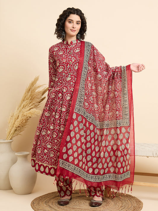 Mandarin Collar Red Anarkali Kurta And Pant Set With Dupatta