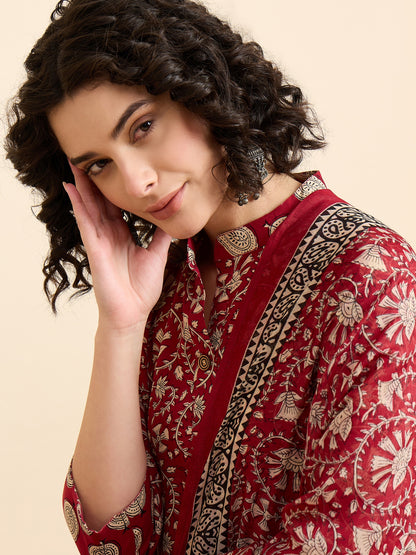 Mandarin Collar Red Anarkali Kurta And Pant Set With Dupatta