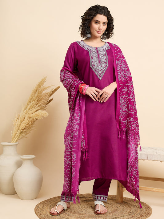 Embroidered Straight Pink Kurta And Pant set with Dupatta