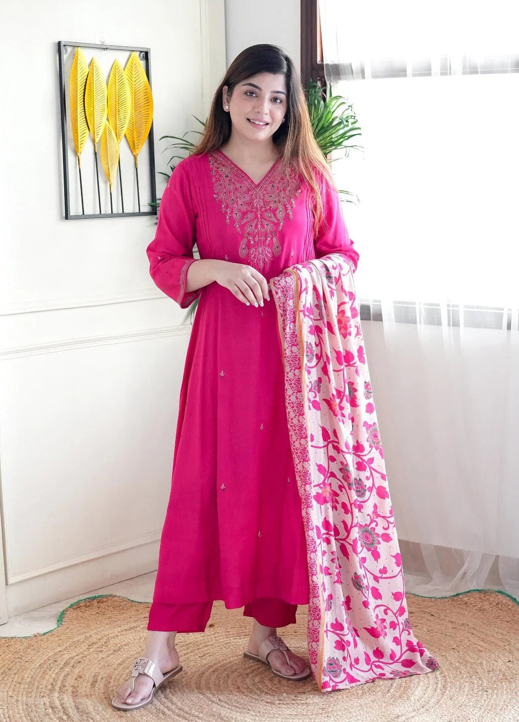 Pink Anarkali Kurta And Pant Set With Dupatta