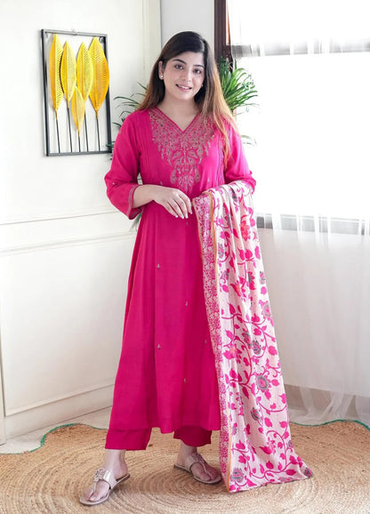 Pink Anarkali Kurta And Pant Set With Dupatta