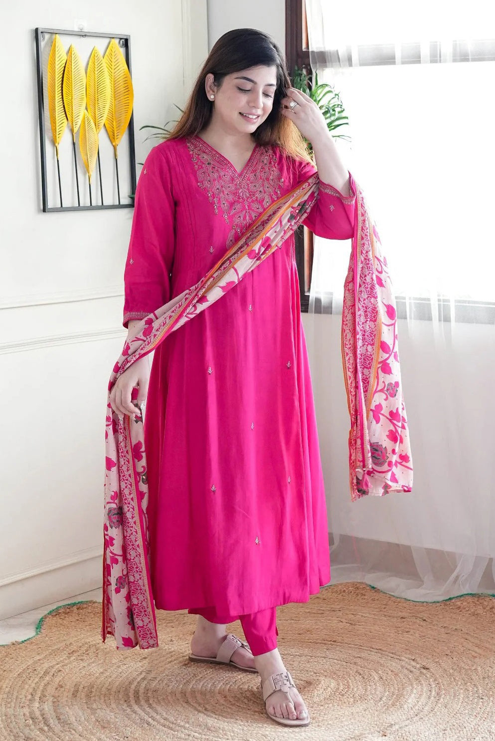 Pink Anarkali Kurta And Pant Set With Dupatta