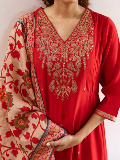 Red Anarkali Kurta And Pant Set With Dupatta