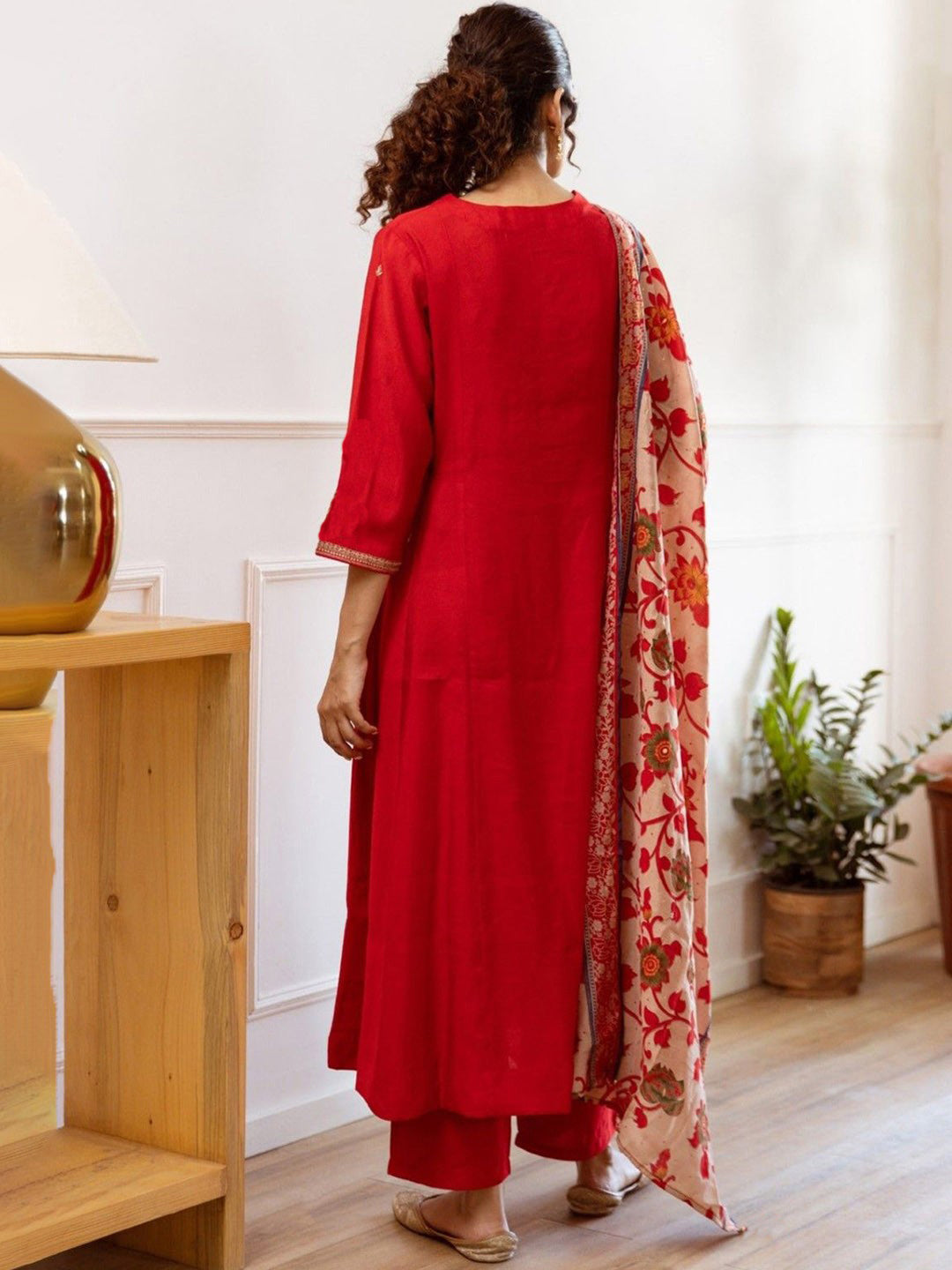 Red Anarkali Kurta And Pant Set With Dupatta