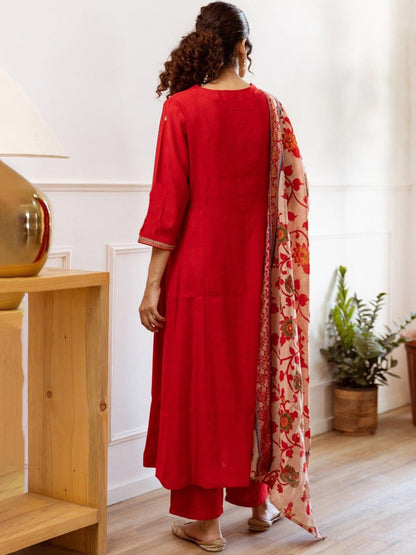 Red Anarkali Kurta And Pant Set With Dupatta
