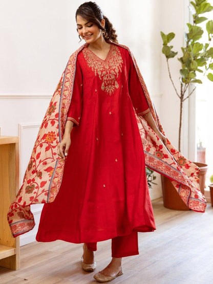 Red Anarkali Kurta And Pant Set With Dupatta