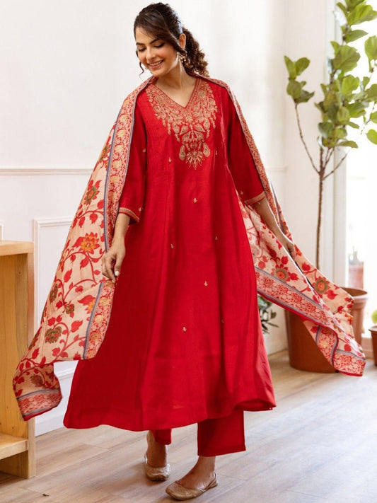 Red Anarkali Kurta And Pant Set With Dupatta