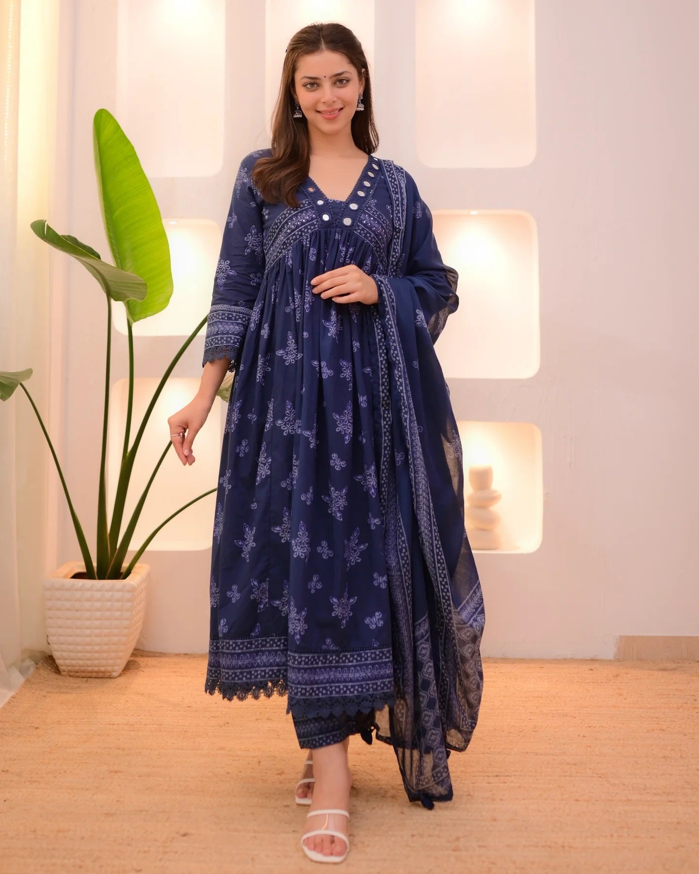 Blue Anarkali Kurta And Pant Set With Dupatta