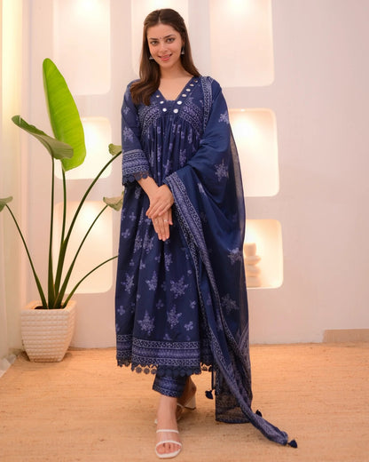 Blue Anarkali Kurta And Pant Set With Dupatta