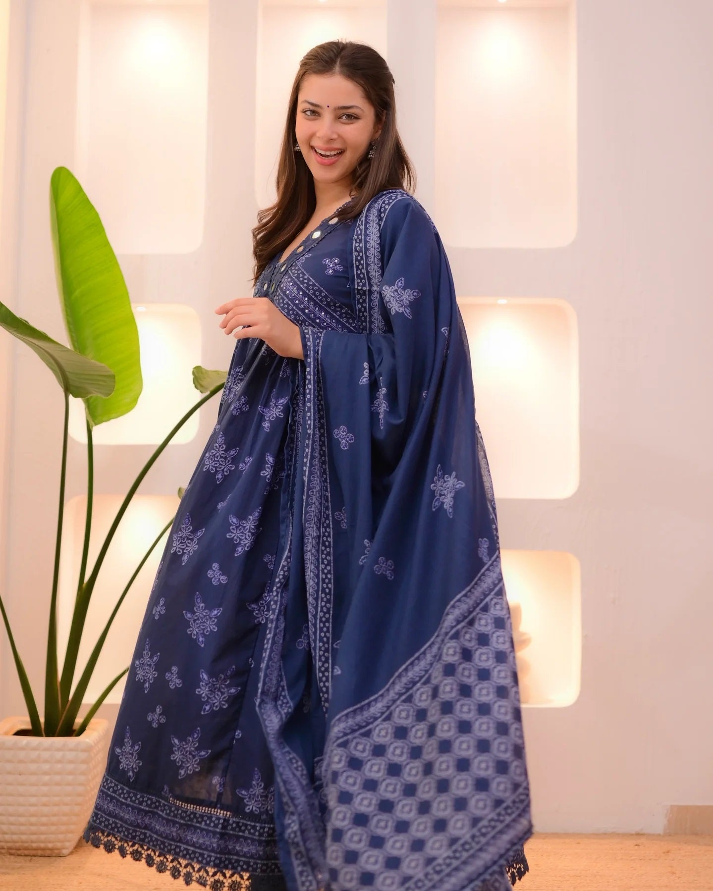 Blue Anarkali Kurta And Pant Set With Dupatta