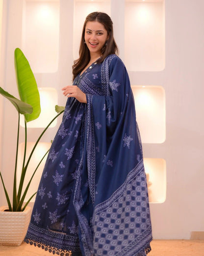 Blue Anarkali Kurta And Pant Set With Dupatta