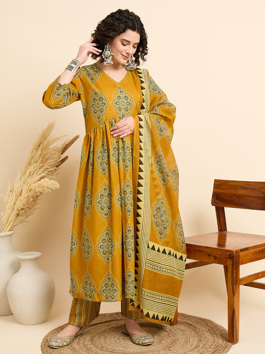 Yellow Anarkali Kurta And Pant Set With Dupatta