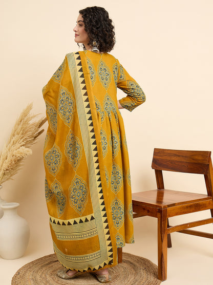 Yellow Anarkali Kurta And Pant Set With Dupatta