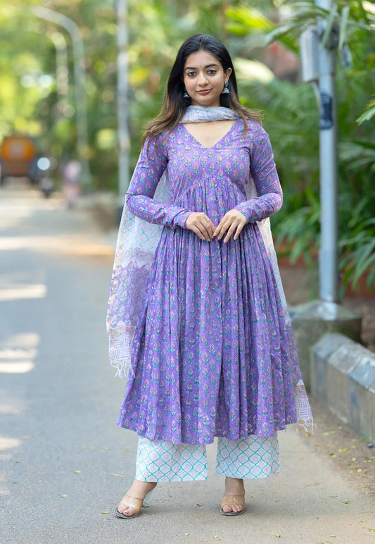 Purple Anarkali Kurta And Pant Set With Dupatta