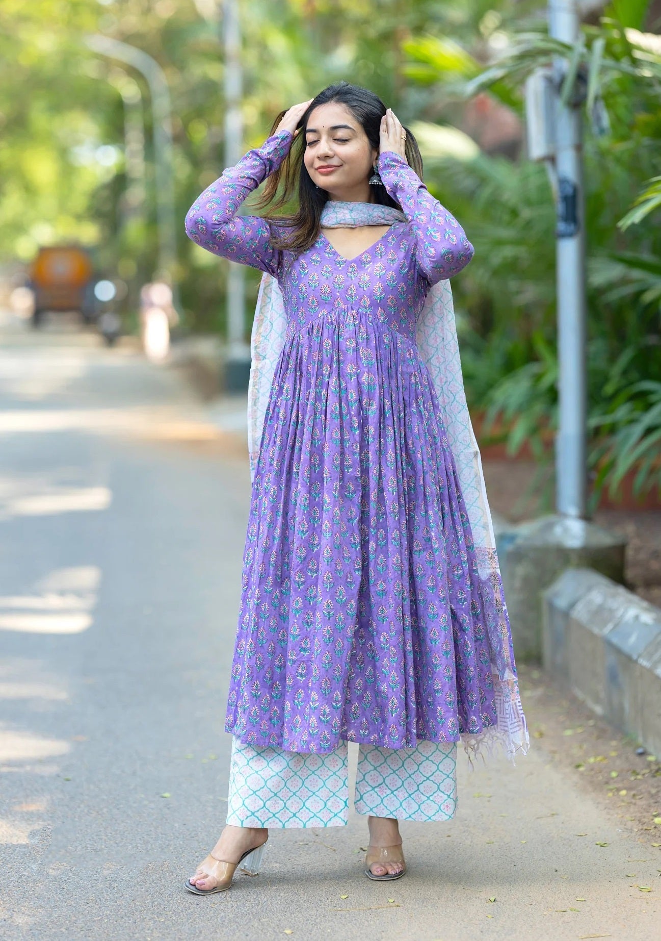 Purple Anarkali Kurta And Pant Set With Dupatta