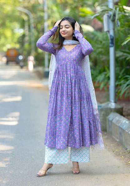 Purple Anarkali Kurta And Pant Set With Dupatta