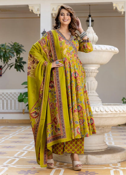 Yellow Anarkali Kurta And Pant Set With Dupatta