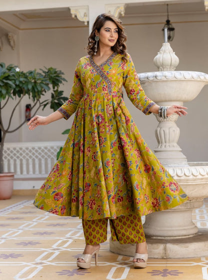 Yellow Anarkali Kurta And Pant Set With Dupatta
