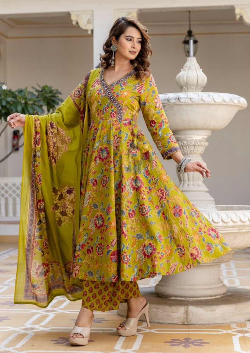 Yellow Anarkali Kurta And Pant Set With Dupatta