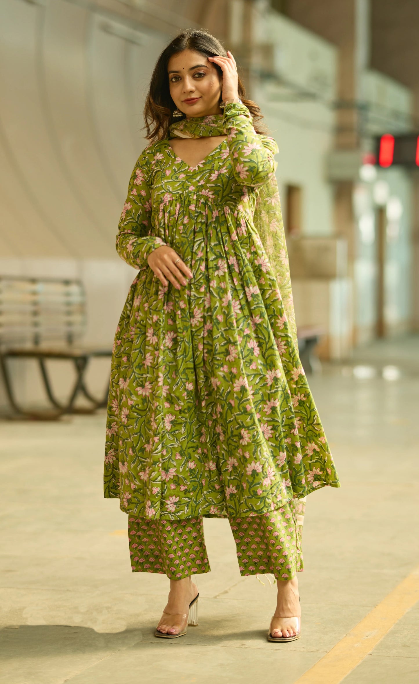 Green Anarkali Kurta And Pant Set With Dupatta
