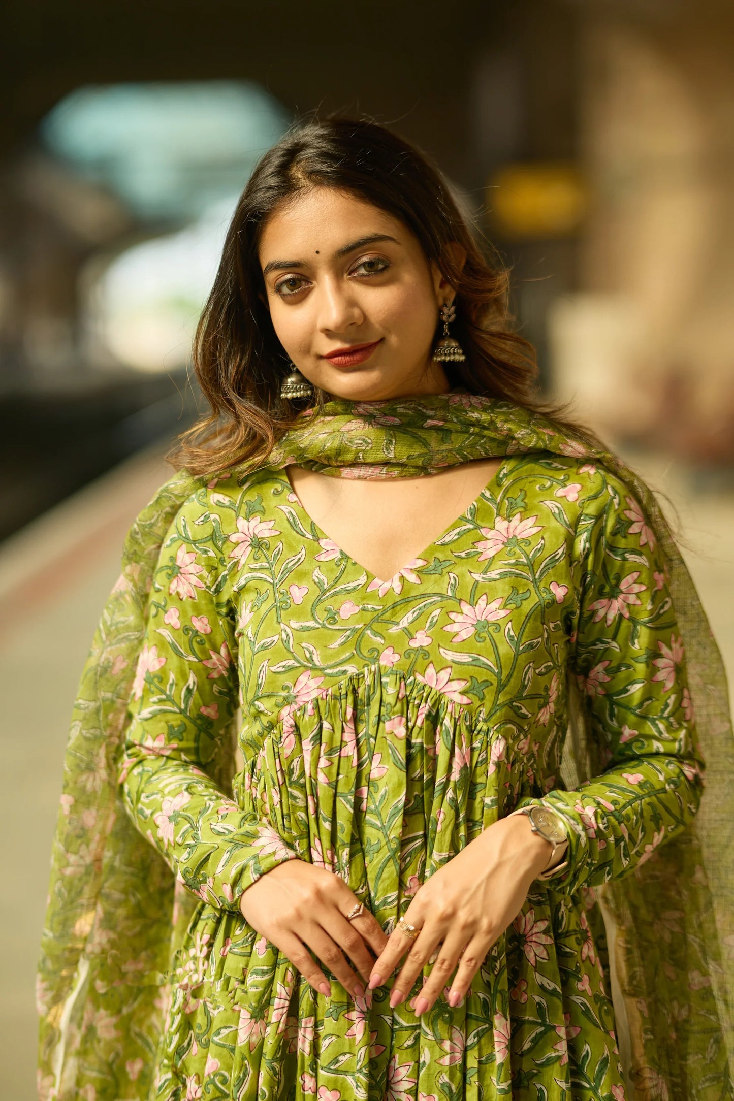 Green Anarkali Kurta And Pant Set With Dupatta