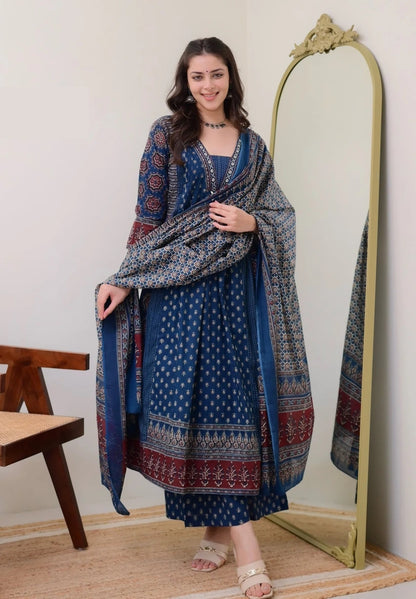 Blue Anarkali Kurta And Pant Set With Dupatta